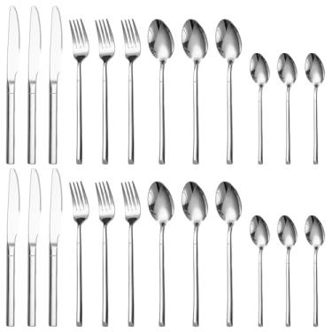 Imagem de Conjunto de Pratos Aço Inoxidável com 24 Peças Utensílios Cozinha Polimento Espelho Lavável em Lavadora Incluindo Facas Garfos Colheres para Casa Hotel Restaurante Uso Diário e Ocasiões Especiais