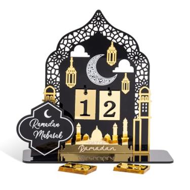 Imagem de pechpell Calendário de contagem regressiva do advento do Ramadã 2026, decoração de mesa, castelos de lanternas lunares de acrílico dourado preto, presentes Eid Mubarak, para crianças, família
