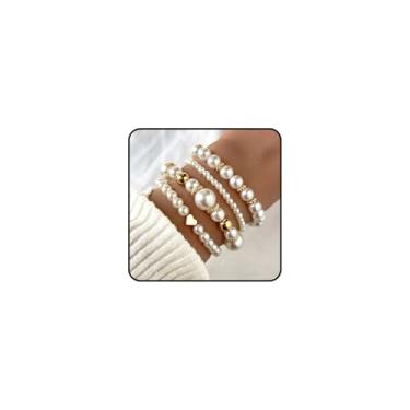 Imagem de Tazimo Pulseiras de pérolas para mulheres, ouro, branco, pérolas, pulseiras elásticas, multicamadas, grossas, conjunto de joias, presentes para mulheres, Large, Liga de aço, Sem Pedra Preciosa