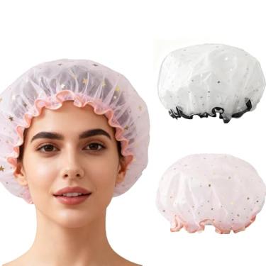 Imagem de 2 peças de touca de banho feminina reutilizável, camada dupla à prova d'água e resistente a óleo, adequada para banho, cozinhar e viajar (preto e rosa)