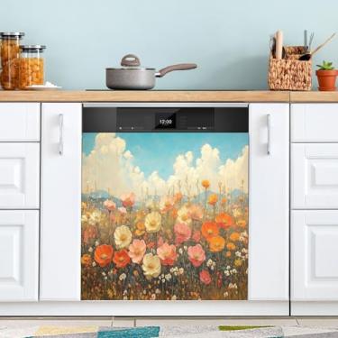 Imagem de ATTX Flores silvestres pintura a óleo capa ímã máquina de lavar louça, 58.4 cm C x 66.0 cm A decoração frontal da capa da máquina de lavar louça, decalques de armário doméstico eletrodomésticos