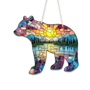 Imagem de Bob22store Suncatcher estilo vitral de urso - 15 cm pendurado em acrílico para janela - colorido montanha pôr do sol paisagem luz apanhador decoração - ornamento de animal plano 2D presente para
