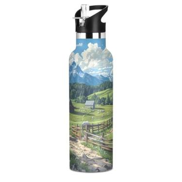 Imagem de Blueangle Garrafa de água de 590 ml com canudo - Garrafa de água esportiva de aço inoxidável sem BPA, cena de fazenda à prova de vazamento com design de vacas para academia, atividades ao ar livre