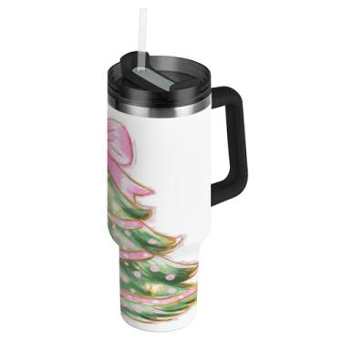 Imagem de Blueangle Copo de arco rosa de árvore de Natal de 850 g com alça e tampa de palha, caneca de viagem de aço inoxidável isolada a vácuo de parede dupla, garrafa de água reutilizável para academia de