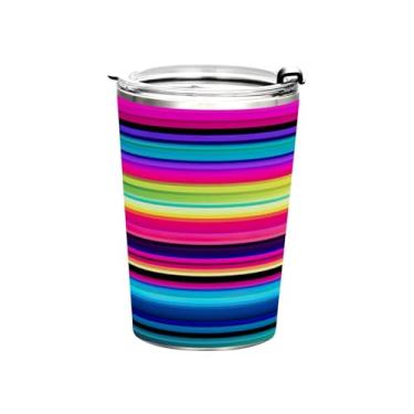 Imagem de Blueangle Copo de 340 g com tampa e canudo, copo de café com água isolada a vácuo de aço inoxidável, caneca de viagem colorida com listras do México, copo térmico para bebidas quentes e frias (468)