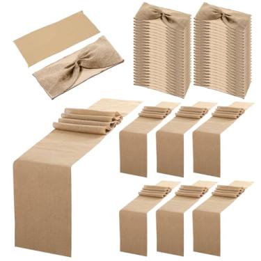Imagem de Newwiee Conjunto de 54 peças de decoração de mesa, corredores de mesa de 30 x 272 cm, faixas de cadeira de juta, linho, elastano, faixas para cadeira para casamento, jantar, banquete, evento, festa