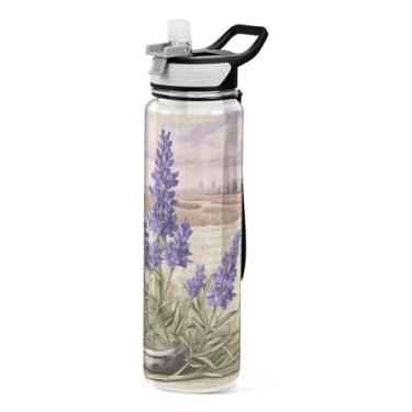 Imagem de ATTX Garrafa de água vintage de lavanda, 946 ml, à prova de vazamento e livre de BPA, garrafas de água reutilizáveis de plástico Tritan para viagens, academia, corrida, fitness #283