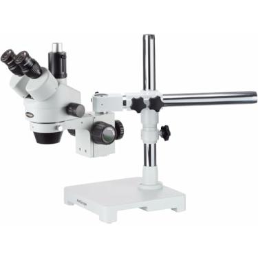 Imagem de AmScope Microscópio estéreo trinocular profissional SM-3TX, oculares WH10x, ampliação de 3,5 x 45x, objetiva de zoom de 0,7 x 4,5x, iluminação ambiente, suporte de braço único, inclui lente Barlow 0,5