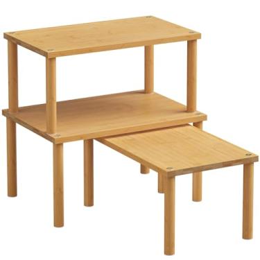 Imagem de Danfoxer Prateleira organizadora de armário (conjunto de 3), prateleiras de bancada de cozinha de bambu para bancada e armário, prateleiras empilháveis para especiarias, média (natural)