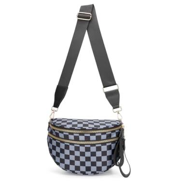 Imagem de Bolsas femininas transversais, bolsas transversais para mulheres com vários compartimentos e alças ajustáveis, leves e espaçosas. Bolsas transversais para viagens (xadrez cinza e branca) - sem