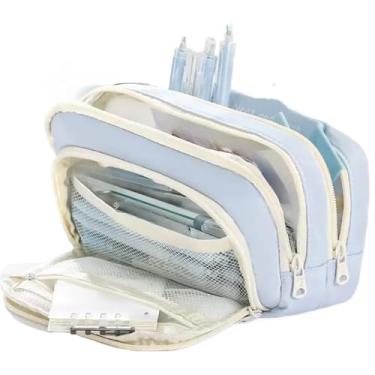 Imagem de Estojos com compartimentos，Estojos de grande capacidade，Estojo Escolar De Lápis De Papelaria Armazenamento Portátil De Grande Capacidade(Azul)