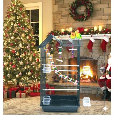 Imagem de Gaiola de pássaro grande com teto duplo de 96 cm com brinquedos escada de escalada, portas laterais de caixa de aninhamento para calopsitas, periquitos, conures de aviário, periquitos, periquitos,