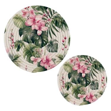 Imagem de Wassud Conjunto de tripé de plantas tropicais para pratos quentes, suportes redondos de algodão, almofadas quentes, porta-copos elegantes, decoração de cozinha e acessórios, 2 peças