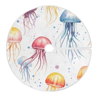 Imagem de Wassud Saia para árvore de Natal, medusa colorida, decorações de árvore de Natal, enfeites de Natal, tapete de árvore pequena para decoração de festa de ano novo, 91 cm