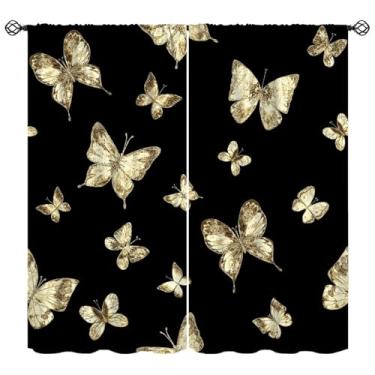 Imagem de Cortinas de borboleta fundo preto dourado preto impressão de arte borboletas padrão cortinas de janela para quarto sala de estar cozinha café (L50 x C 114 cm) x 2 decoração