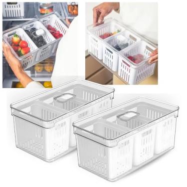 Imagem de Kit 2 Organizadores de Geladeira com Tampa e Divisórias | Cestas Internas Removíveis | Conserva Frutas, Verduras e Legumes | Caixa Organizadora Multiuso Transparente