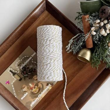 Imagem de 100 m barbante colorido de algodão trançado de dois tons para artesanato, embrulho de presente, decorações de Natal, vermelho e branco, dourado e branco (dourado e branco)