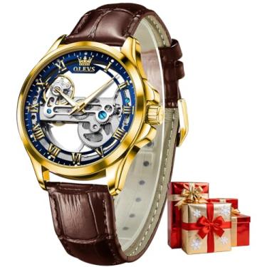 Imagem de OLEVS Relógios de pulso exclusivos esqueleto automáticos para homens, pulseira de couro preto e marrom, moda luxuosa, relógio mecânico masculino luminoso, à prova d'água, Pulseira marrom com mostrador