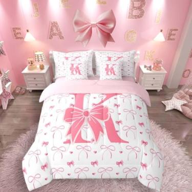 Imagem de Feelyou Conjunto de edredom com laço de monograma, 7 peças, solteiro, rosa coquete, letra K, para crianças, meninas, rosa, laço, decoração de quarto, microfibra leve e respirável