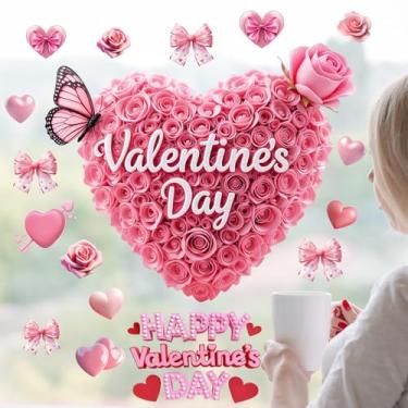 Imagem de Adesivos de janela estática de coração rosa para dia dos namorados, fácil de limpar, com design romântico de borboleta rosa, decalques de janela reutilizáveis para decoração de porta de vidro de casa