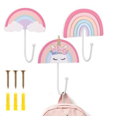Imagem de AceOrbit 3 peças de ganchos de parede arco-íris cabides de parede de unicórnio rosa cremalheira de berçário suporte de arte arco-íris para decoração de quarto de crianças