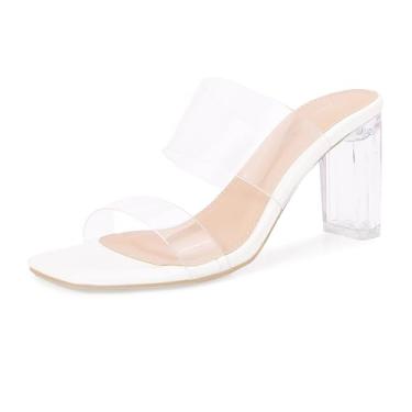 Imagem de Shion ShaaYii Sandálias femininas transparentes de salto quadrado grosso com duas tiras de salto aberto sem cadarço para mulheres, Branco, 40