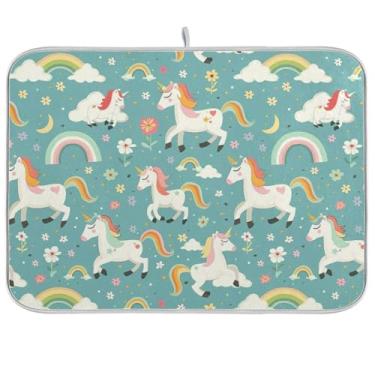 Imagem de Tapete de secagem de louça azul arco-íris unicórnio para balcão de cozinha, almofada de pratos de microfibra, escorredor de pratos de secagem rápida para balcão de cozinha, decoração de casa de