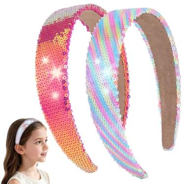 Imagem de ROISDIYI 2 faixas de cabeça para meninas, faixas de cabeça de lantejoulas brilhantes arco-íris para crianças, faixa de cabelo larga sem derramamento, acessórios para crianças, cesta de Páscoa (rosa e