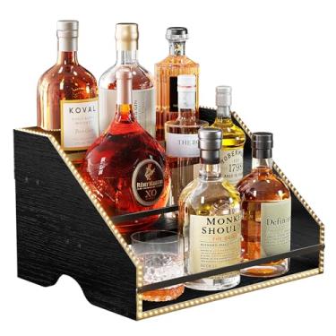 Imagem de Nuovoware Prateleira de exibição de garrafa de licor iluminada por LED, rack de 3 degraus para bancada de madeira com cercas e alças portáteis, rack de vinho retrô para exibição de uísque de 12