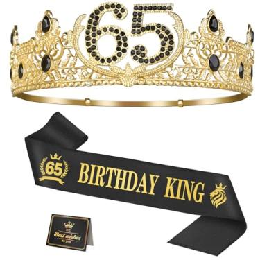 Imagem de Asija Presentes de aniversário de 65 anos para homens, decorações de aniversário de 65 anos para homens, suprimentos de decoração de festa, incluindo coroa de rei, faixa e cartão de felicitações