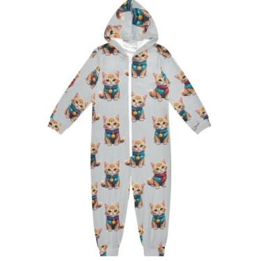 Imagem de Lindo macacão cinza para crianças, confortável, engraçado, com capuz, peça única para meninos e meninas de 5 a 6 anos, Gatos fofos cinza, 9-11 Years