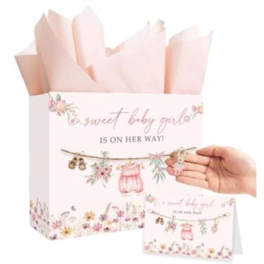 Imagem de Whaline Saco de papel grande para chá de bebê de 33 cm com papel de seda para cartão de felicitações com alças de fita, roupas de bebê florais rosa para lembrancinhas de festa de aniversário de