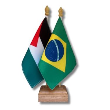 Imagem de Bandeira de Mesa Elegance Brasil e Palestina, Decorativa, Dupla Face, Multicolorido, 19x13cm, Base Madeira, Escritório e Eventos, Oxford
