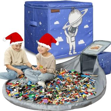 Imagem de Organizador de armazenamento de brinquedos 3 em 1 com tapete de brinquedo para Lego e dois tijolos - bolsa de armazenamento de fácil limpeza para sala de jogos infantil - Caixa de cubo / recipiente