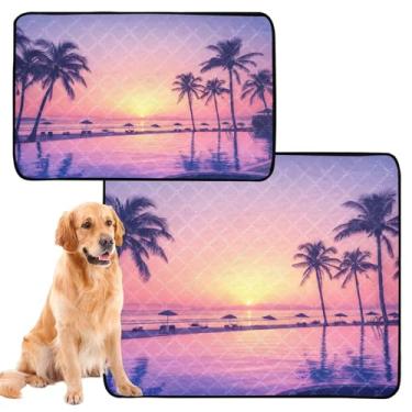 Imagem de Palmeiras de praia vibrantes, pôr do sol, almofada reutilizável para xixi, lavável, para animais de estimação, tapete impermeável, cercadinho de cachorro à prova de vazamento, pequeno x pacote com 3