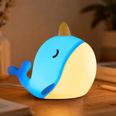 Imagem de HPYDIY Linda luz noturna narval, controle de torneira com 3 brilhos brancos quentes, luminária de cama infantil USB com temporizador de 30 minutos, brilho de silicone macio para berçário, presente de