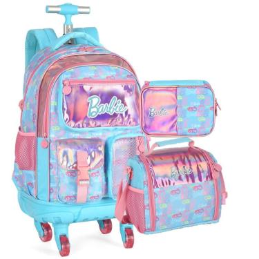 Imagem de KIT Escolar COMPLETO Barbie AZUL Luxcel 3 Peças: Mochila de Rodinhas G + Lancheira Térmica + Estojo Box Holográfico