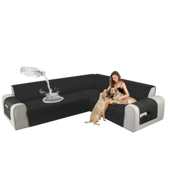 Imagem de ALIECOM Capas de sofá seccionais de canto, à prova d'água, laváveis, em forma de L, capa de sofá, geométrica, jacquard, capa de móveis com alça ajustável para cães de estimação (GG, preto)