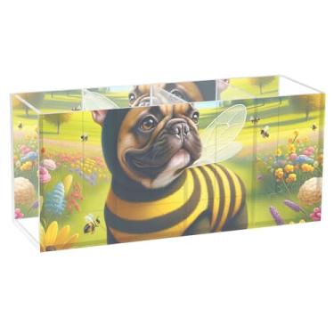 Imagem de TSENQUE Porta-canetas de mesa de acrílico floral engraçado personalizado com buldogue e abelha, porta-copos, organizador de escritório para decoração de mesa