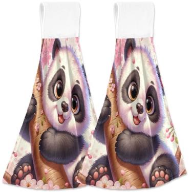 Imagem de TSENQUE Toalhas de mão de cozinha rosa urso panda fofo com laço para pendurar toalhas de forno personalizadas conjunto de 2 toalhas de cozinha e casa macias absorventes e fofas, 46 x 35 centímetros