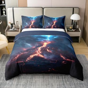 Imagem de Conjunto de cama vulcânica vulcão 100% algodão natural, tamanho king, céu relâmpago extremo, capa de edredom 3 peças para decoração de quarto de meninos, natureza montanha, fogo, capa de edredom 3D