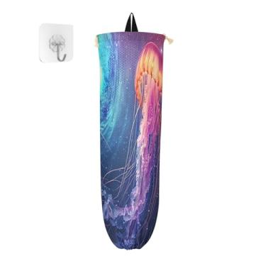 Imagem de Jellyfish is Swimming in Space Pacote com 2 porta-sacolas de supermercado, organizador de sacolas de plástico para sacolas de supermercado, suporte de parede