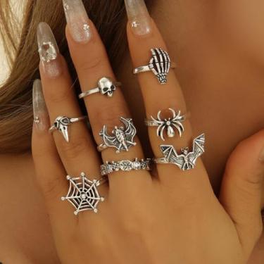 Imagem de Conjunto de 8 peças de anel de punho aberto estilo punk gótico escuro com motivos de caveira, aranha e cobra, joia feminina ousada com estampa de animal, coleção de anéis multiocasiões para uso