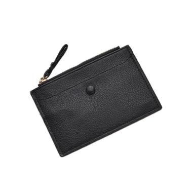 Imagem de Carteira feminina de couro genuíno com dobra dupla/tripla - Suporte minimalista para cartão de crédito com bloqueio de RFID e bolso para moedas, Preto, Casual