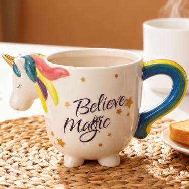 Imagem de Arawat Presente de caneca de unicórnio para mulher Caneca de chá de cerâmica grande de 500 ml Kawaii 3D animal Caneca de cerâmica doce Xícaras de café de porcelana Copos de decoração de unicórnios
