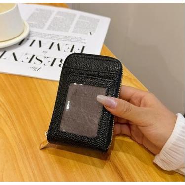 Imagem de Carteira feminina de couro genuíno com dobra dupla/tripla - Suporte minimalista para cartão de crédito com bloqueio de RFID e bolso para moedas, Preto, Casual