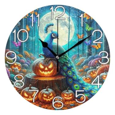 Imagem de GAIGEO Relógio de parede analógico decorativo redondo sem tique-taque silencioso relógio de cozinha rústico, decoração de parede vintage sala de estar pavão Halloween estética, 25 cm, ponteiros