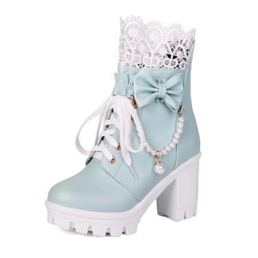 Imagem de BEAUPAS Botas femininas de cano curto plataforma com laço de corrente de pérola e salto alto grosso botas de combate gótico, Azul, 39 BR