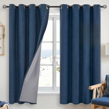 Imagem de YoungsTex Cortinas blackout de linho para quarto, cortinas texturizadas de serapilheira com bloqueio de luz total para sala de estar e fazenda, persianas com ilhós, azul-marinho, 2 painéis, 132 x 163