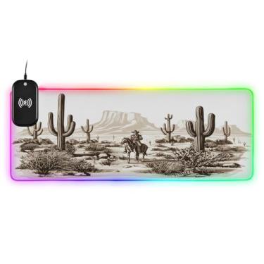 Imagem de CEBUGI Mouse pad de carregamento sem fio Western Cowboy 15W rápido para jogos com 14 iluminação LED RGB para jogos, PC, laptop, mesa 80 x 30 cm